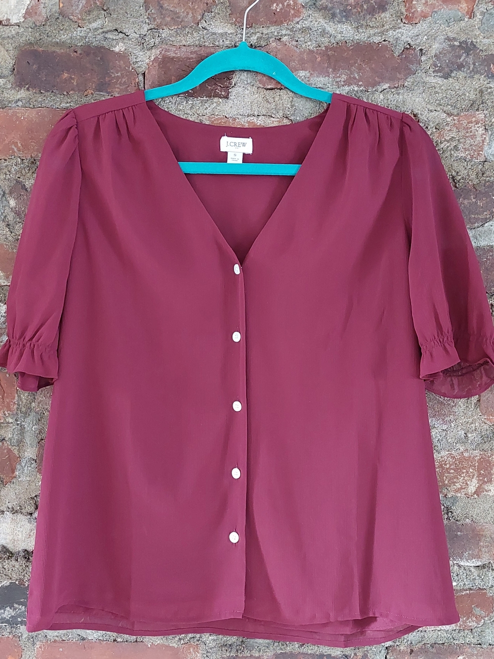 J.Crew Women's Small V-Neck Puff-Sleeve Button Front Top in Wine